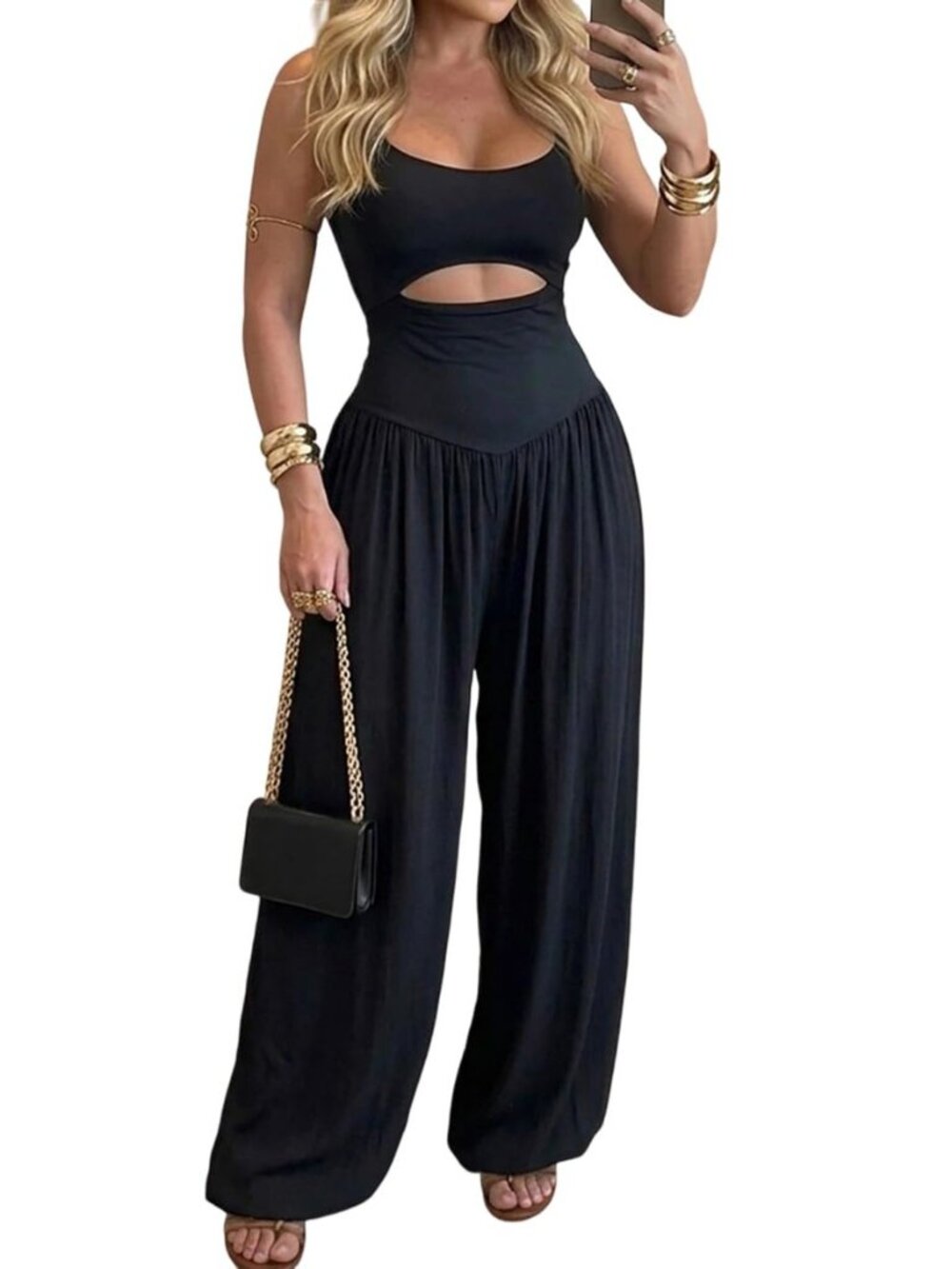 Wide Leg Jumpsuits for Women U Neck Cutout Tie Back Romper
